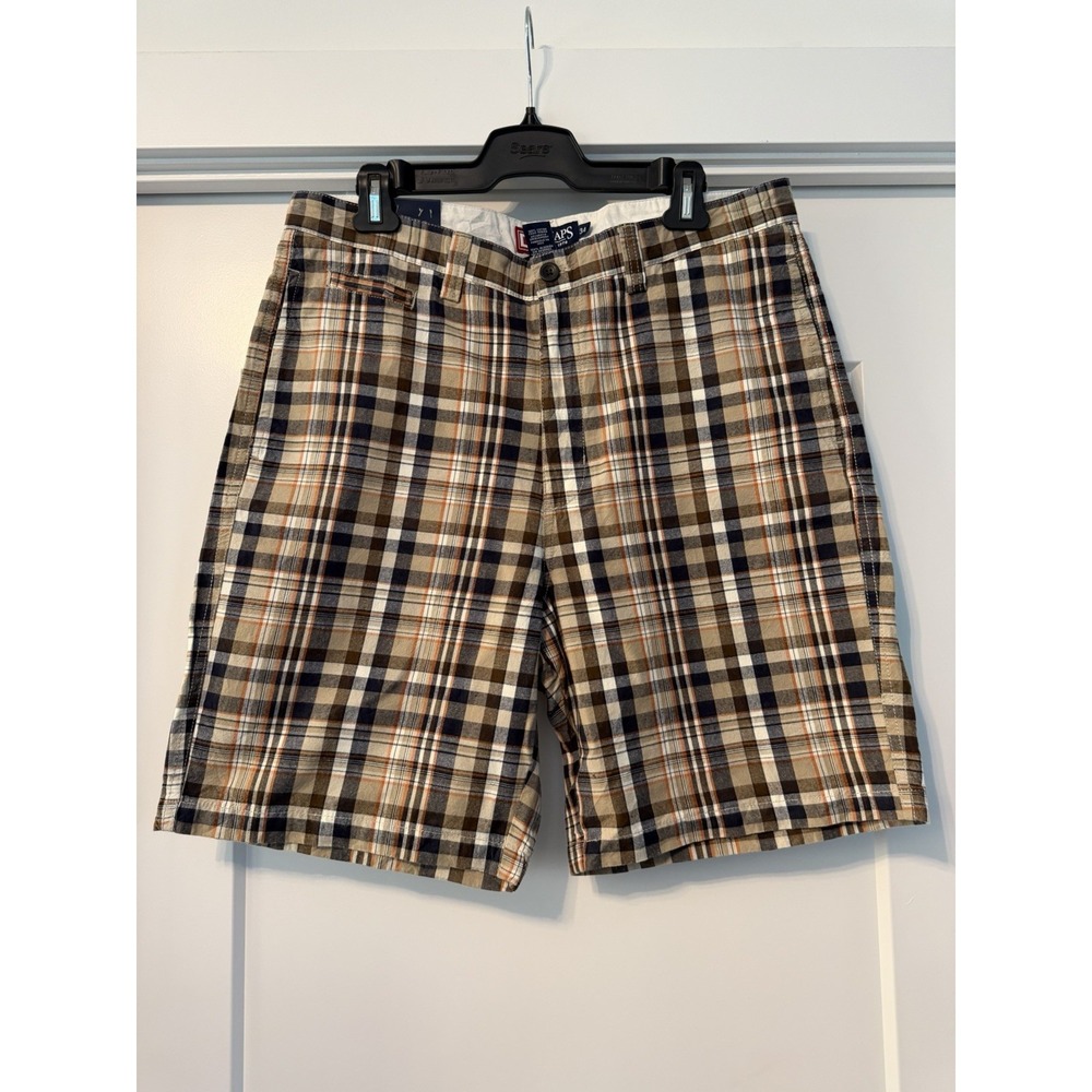 Chaps Flat Front Summer Shorts Plaid Check 100% Cotton Mens 36